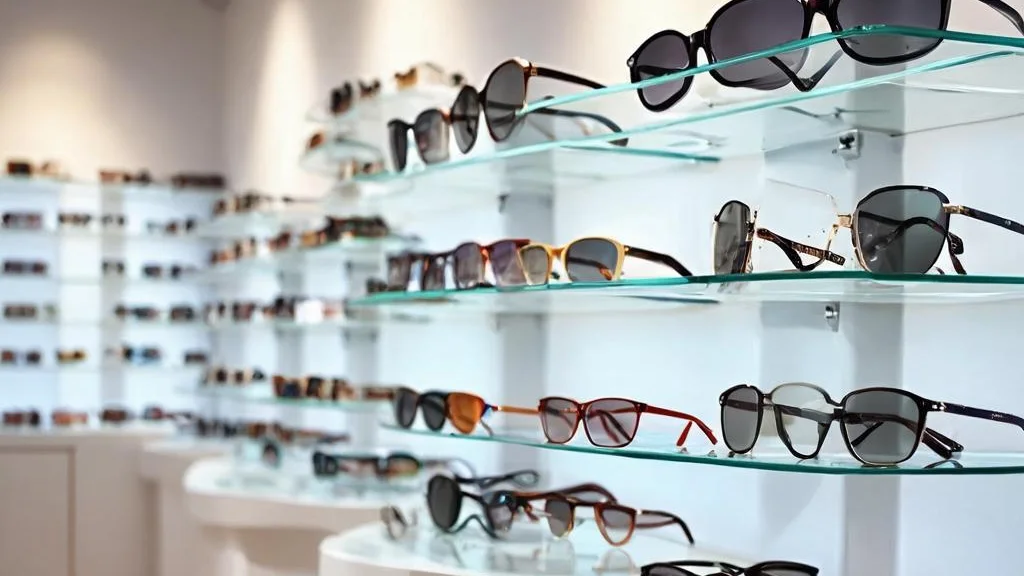 Stylish optician showroom displaying rows of designer eyewear under warm lighting