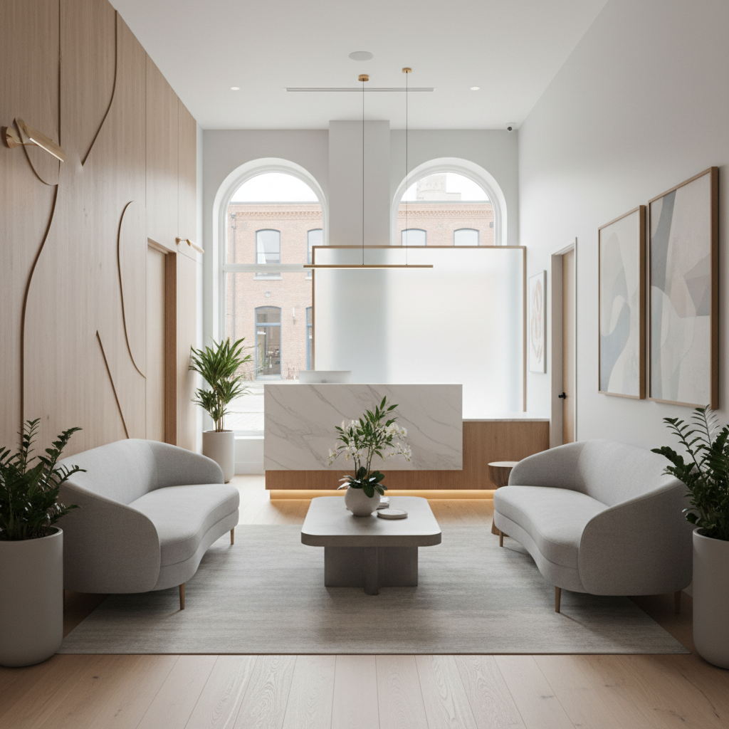 Calm, light-filled reception at Distillery Dental with arched heritage windows