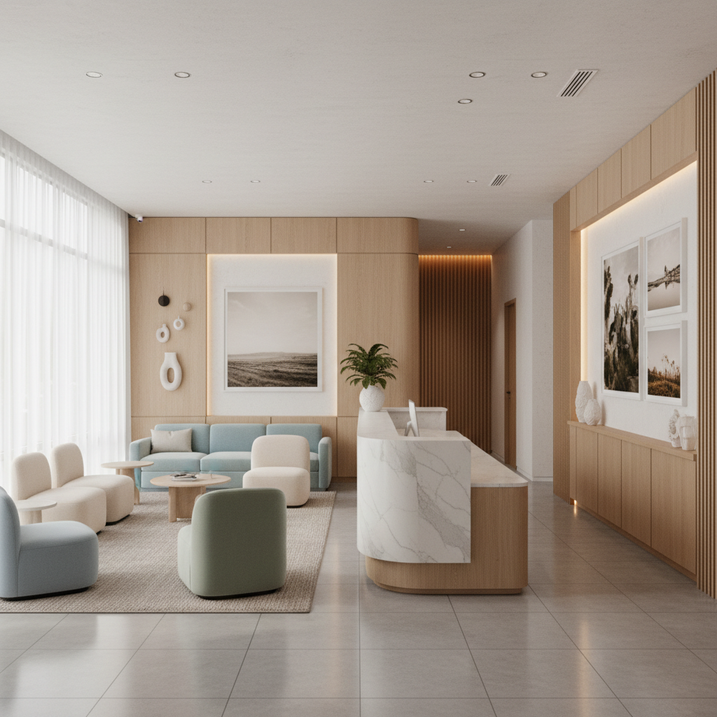 Bright, modern Echo Park Dental reception and waiting area with soft mint seating